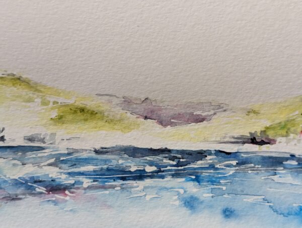 close up of the distant hills a view from sea across the waves. Watercolour painting