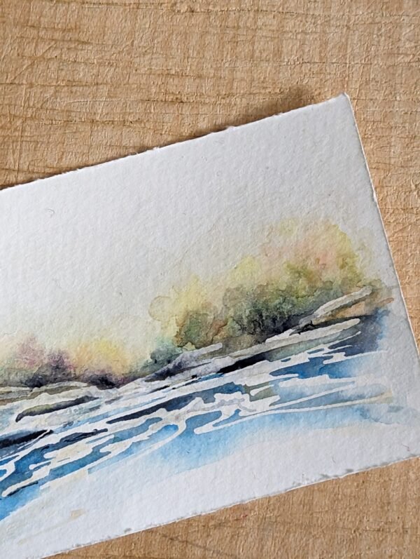 expressive miniature collectable art. ACEO landscape painting of Brittany with trees on beach