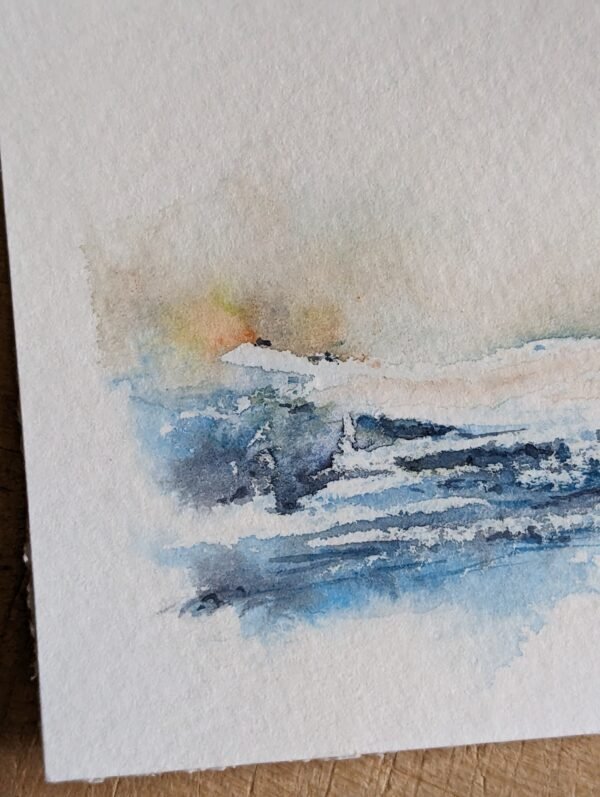 Close up of watercolour seascape painting ACEO. Contemporary impressionism