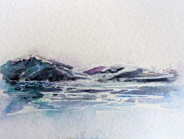Original minimalist artwork of lakes and mountains . ACEO art in watercolour