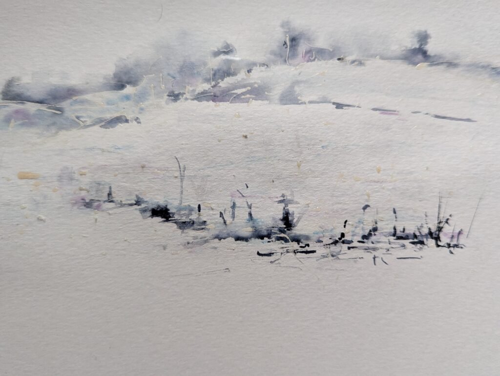 A few squiggles iwth a rigger brush to suggest the foregroung on this minimalist artwork. Snow landscape painting ideas