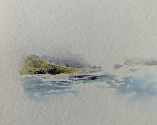 Close up of distant coastline in brittany. Watercolour painting
