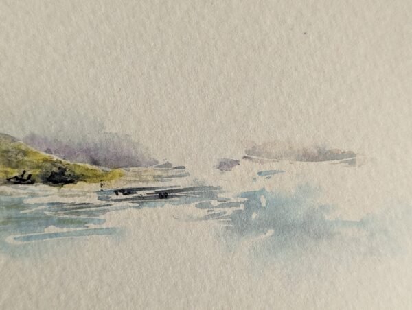Close up of reflection on the bay in Brittany. Miniature watercolour painting.