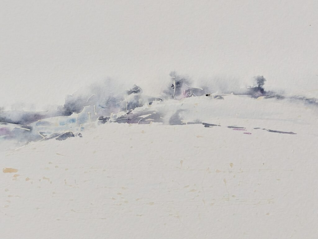 Trees in the mist on a snowy landscape painting