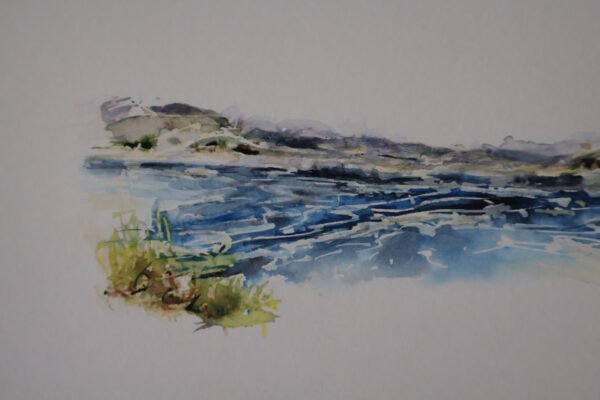 Watercolour seascape close up of bottom left corner. Sea and grass with distant coastline