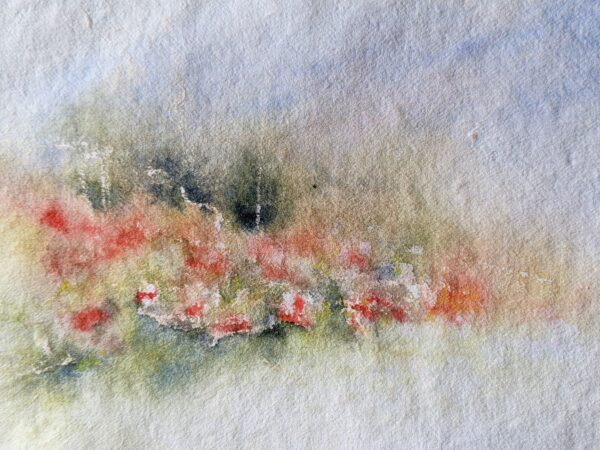 Impressionistic original artwork by Emma Herbert of Painterly Ponders. Poppies by the coast with trees in the background and a ship's mast peeking through