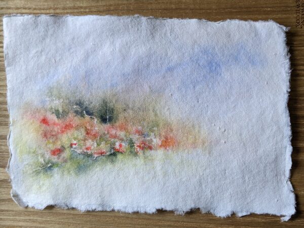 Minimalist meadow painting poppies by the estuary on deckled edge handmade paper, by Emma Herbert
