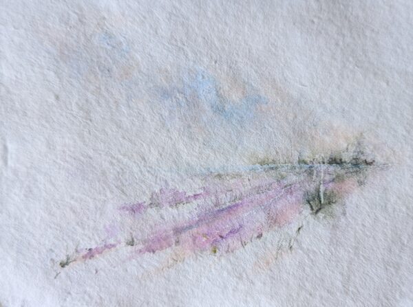 Lavender fields painting in watercolour. Minimalist original art by Emma Herbert