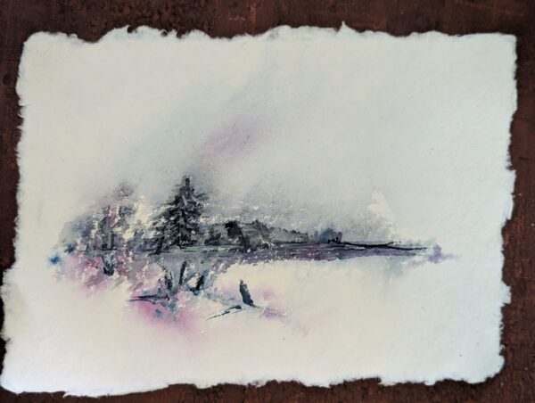 winter landscape painting of trees with shades of pink blue and purple