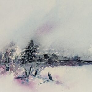 snowy winter landscape painting on cotton rag paper. Monochrome and minimalist artwork