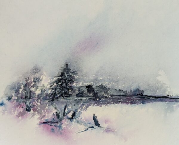 snowy winter landscape painting on cotton rag paper. Monochrome and minimalist artwork